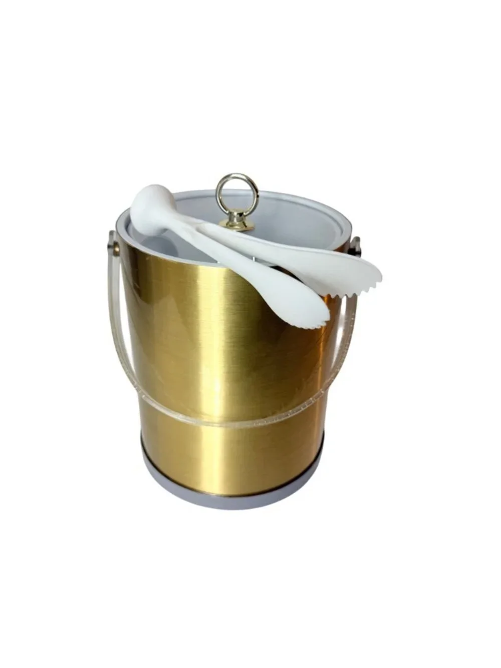 Vintage Culver Gold Ice Bucket Lucite Handle White Tongs Mid Century Barware